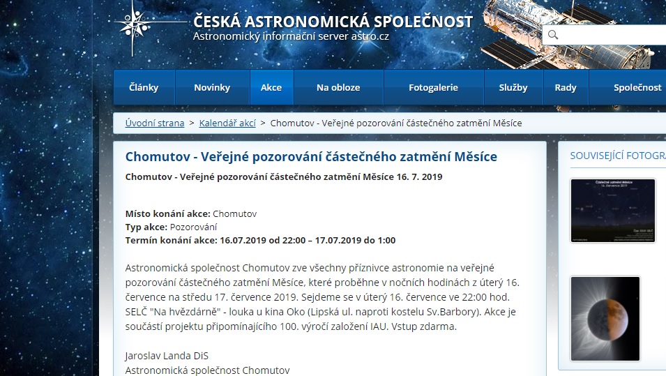 2019-7-16  částečné zatmění Měsíce ČAS - kalendář akcí